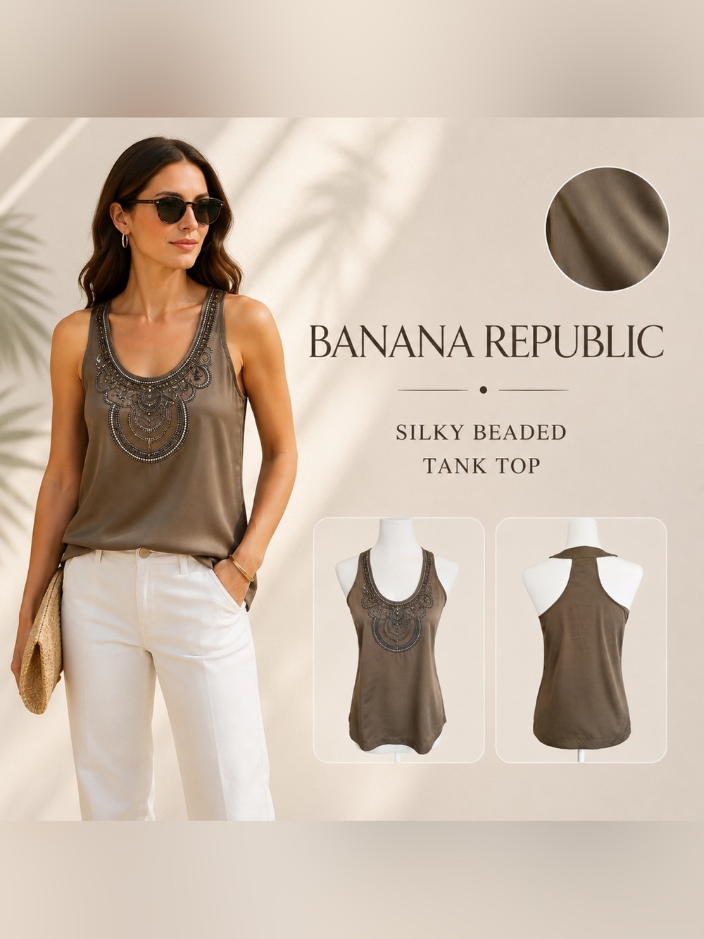 Banana Republic Beaded Racerback Tank XS Taupe Silky Top Quiet Luxury Resort